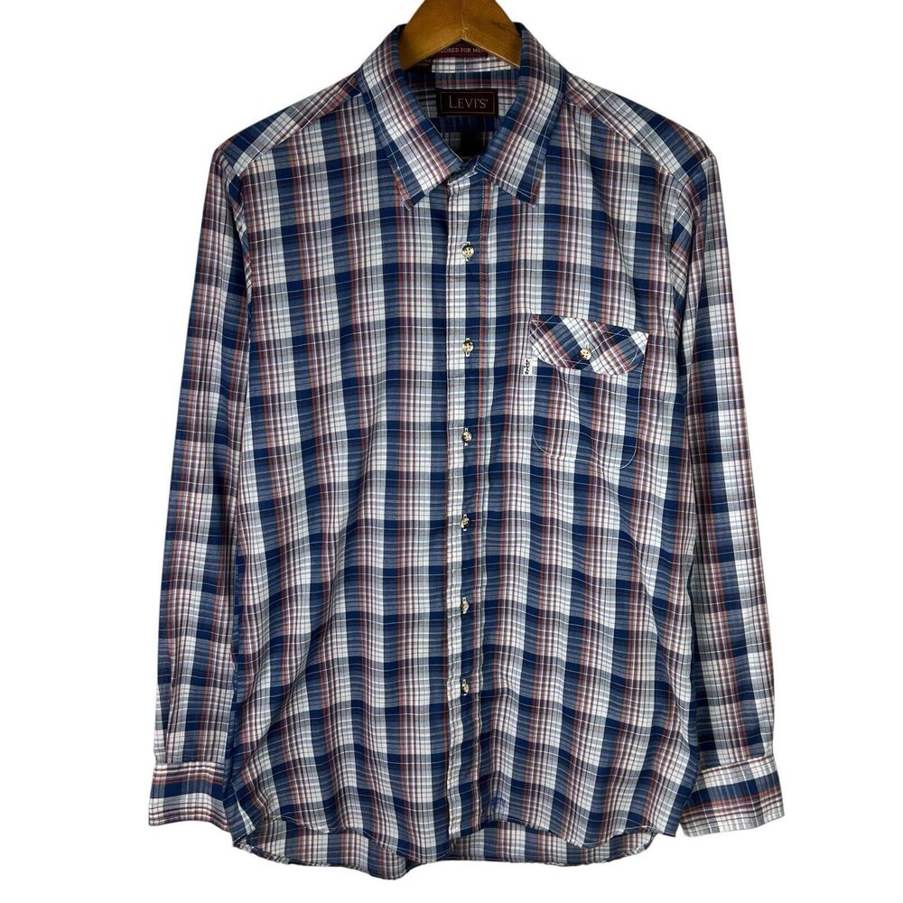 Vintage 80s Levis Shirt Mens L Button Shirt Plaid Flannel Western Cowboy USA